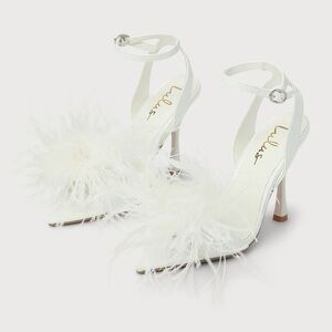 Lulu's White Feathered Ankle-Strap Stiletto Heels
